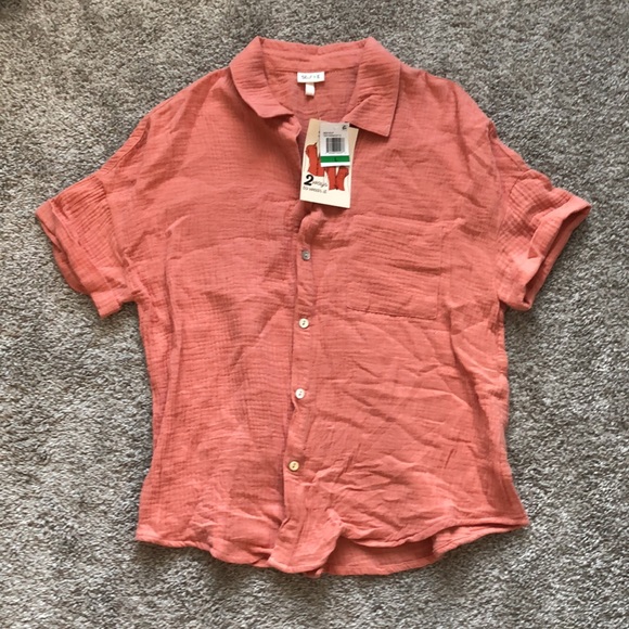NEW Self Esteem Pink Relaxed Button Up Linen Top - Picture 3 of 6